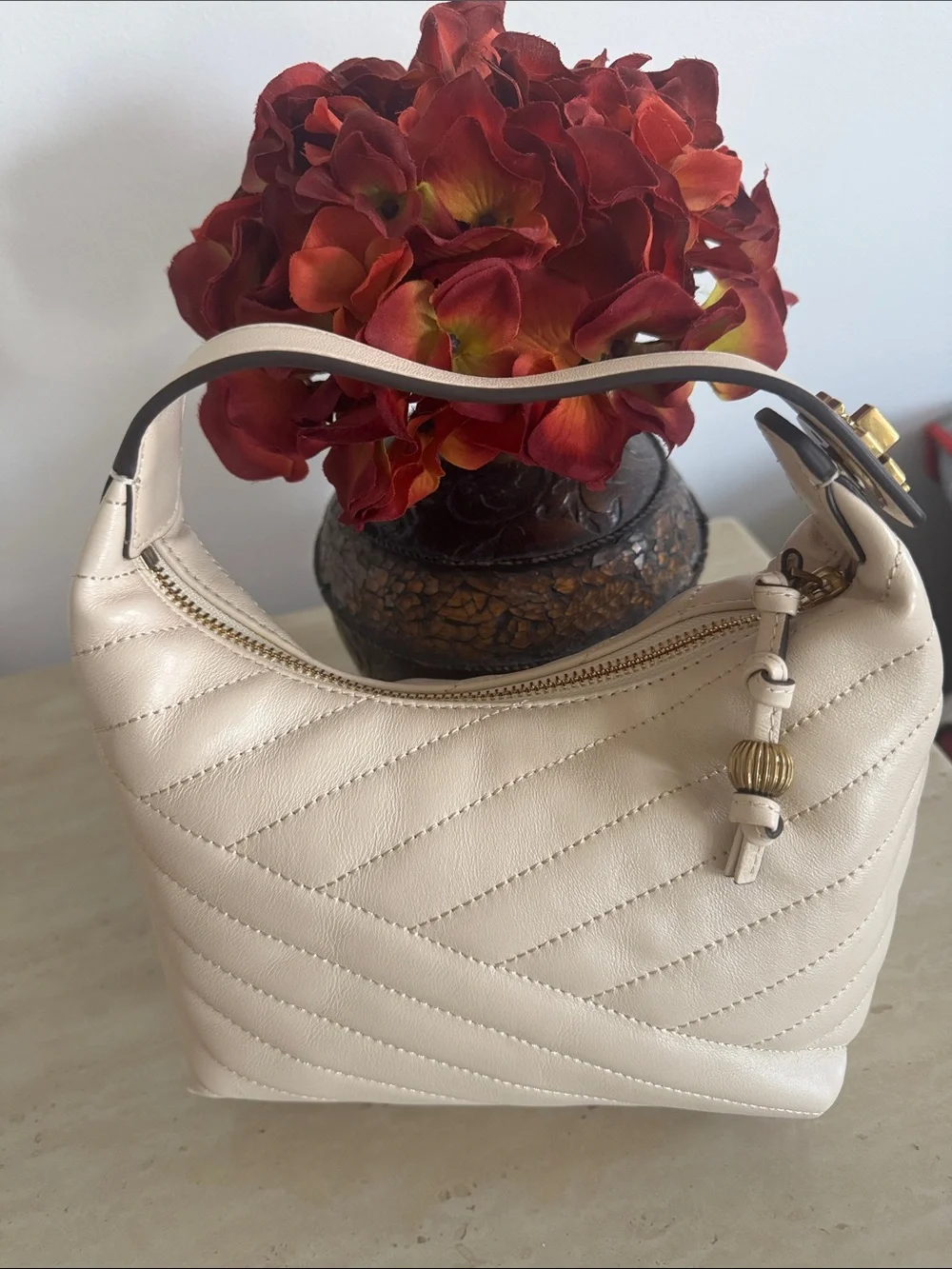 Tory Burch White Quilted Leather Shoulder mini Bag with Gold Emblem